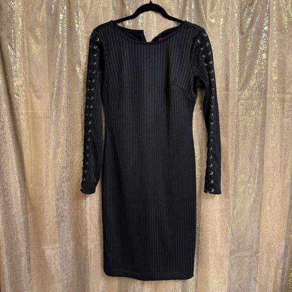 Jennifer Lopez Black Ribbed Bodycon Lace Up Long Sleeve Mini Dress 10 EUC - Picture 1 of 8